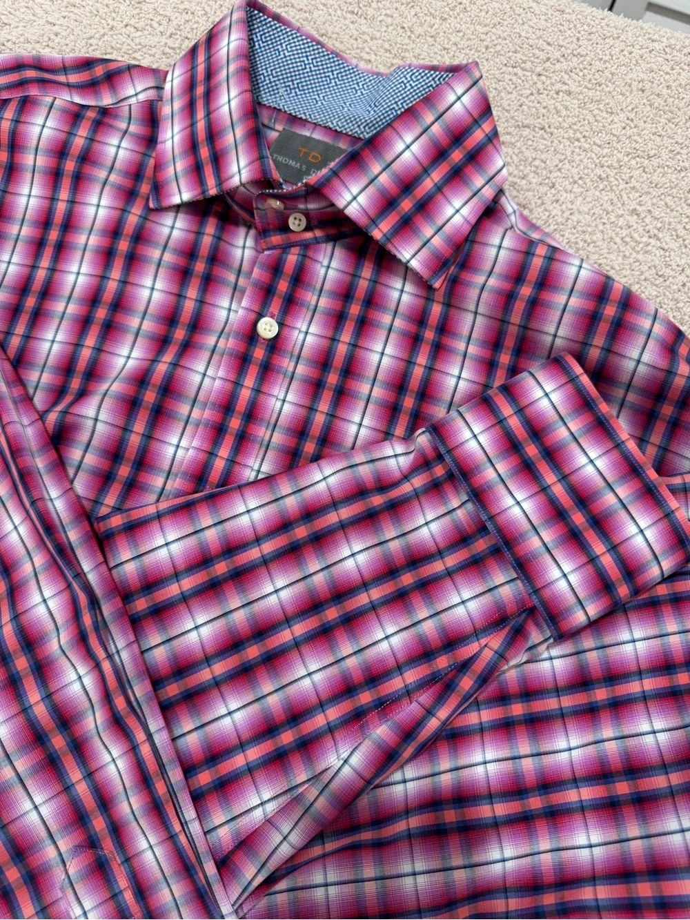 Thomas Dean Men’s L Pima Cotton Plaid Shirt Pink Orange Blue Button‑Down